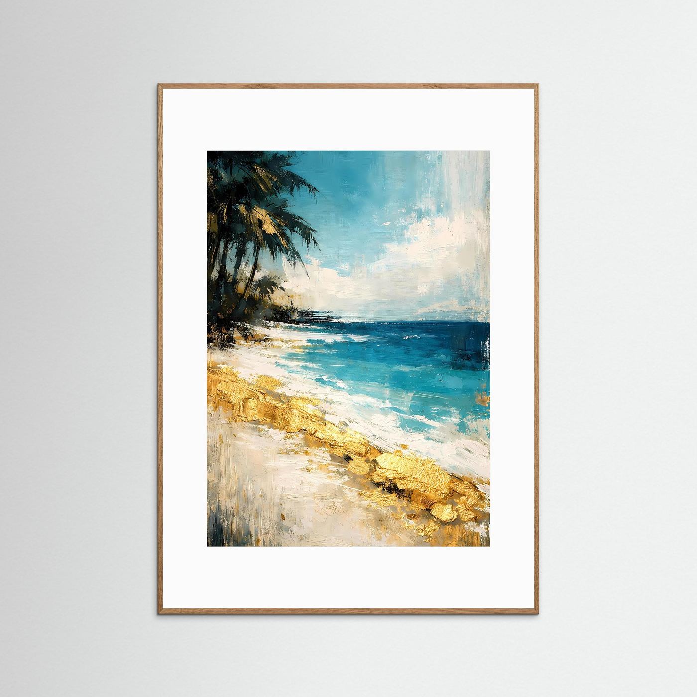 Hochformatiges Strandkunstposter mit Palme, türkisblauem Meer und goldenem Farbakzent