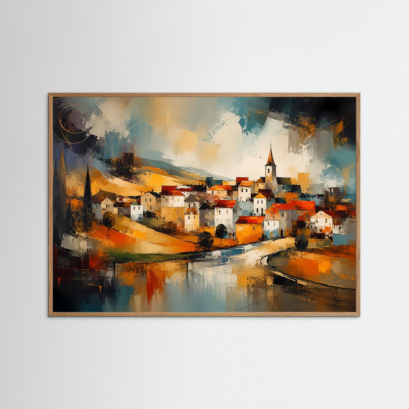 Poster im naturfarbenen Holrahmen mit Dorf am Fluss, helle warme Farben und Wolkeneffekt