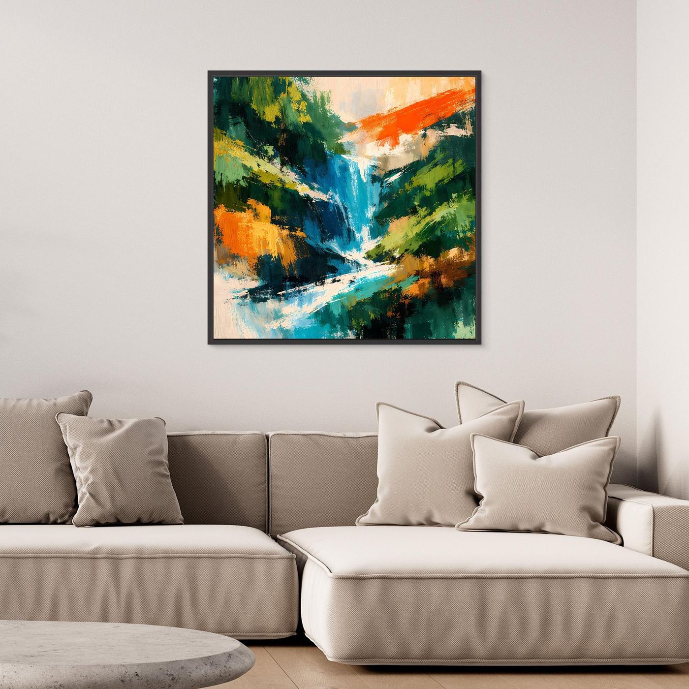 Abstraktes Leinwand-Wandbild mit Wasserfall-Motiv, schwarzer Rahmen