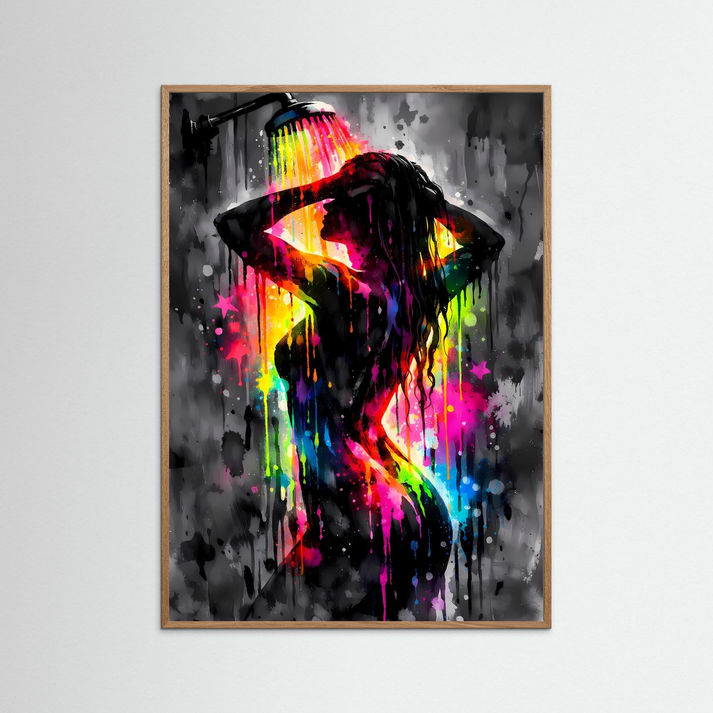 Die Kunst der Erfrischung | Neon Dusch-Poster mit weiblicher Silhouette & Regenbogen-Farben | Abstraktes Pop-Art Kunstposter Hochformat