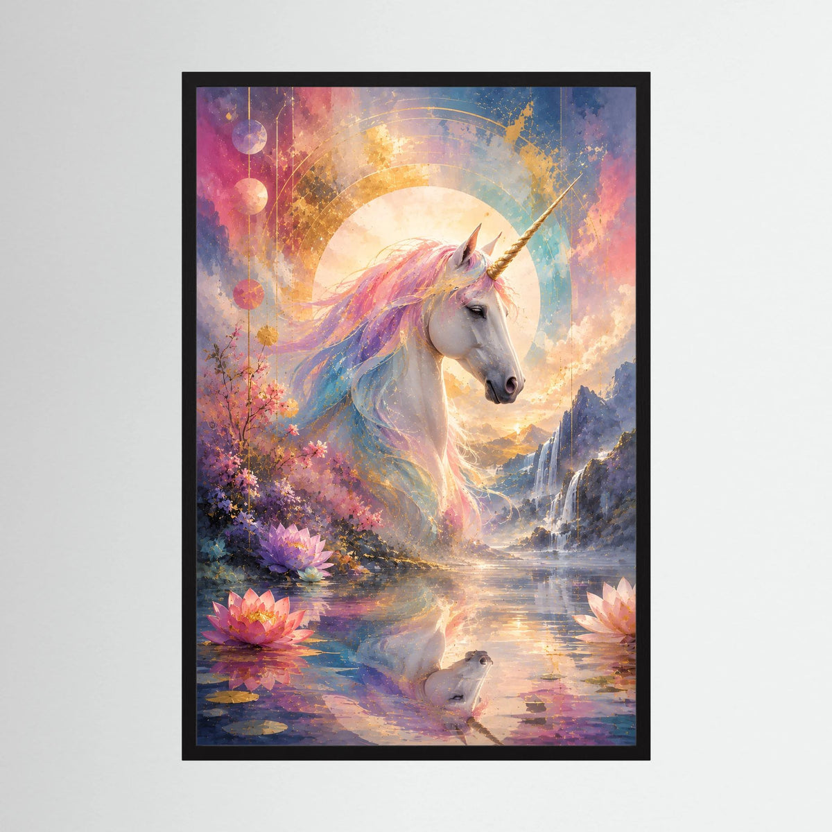 Gerahmtes Fantasy-Poster mit Einhorn im Pastellmotiv und Lotusblüten, schwarzer Rahmen, Hochformat