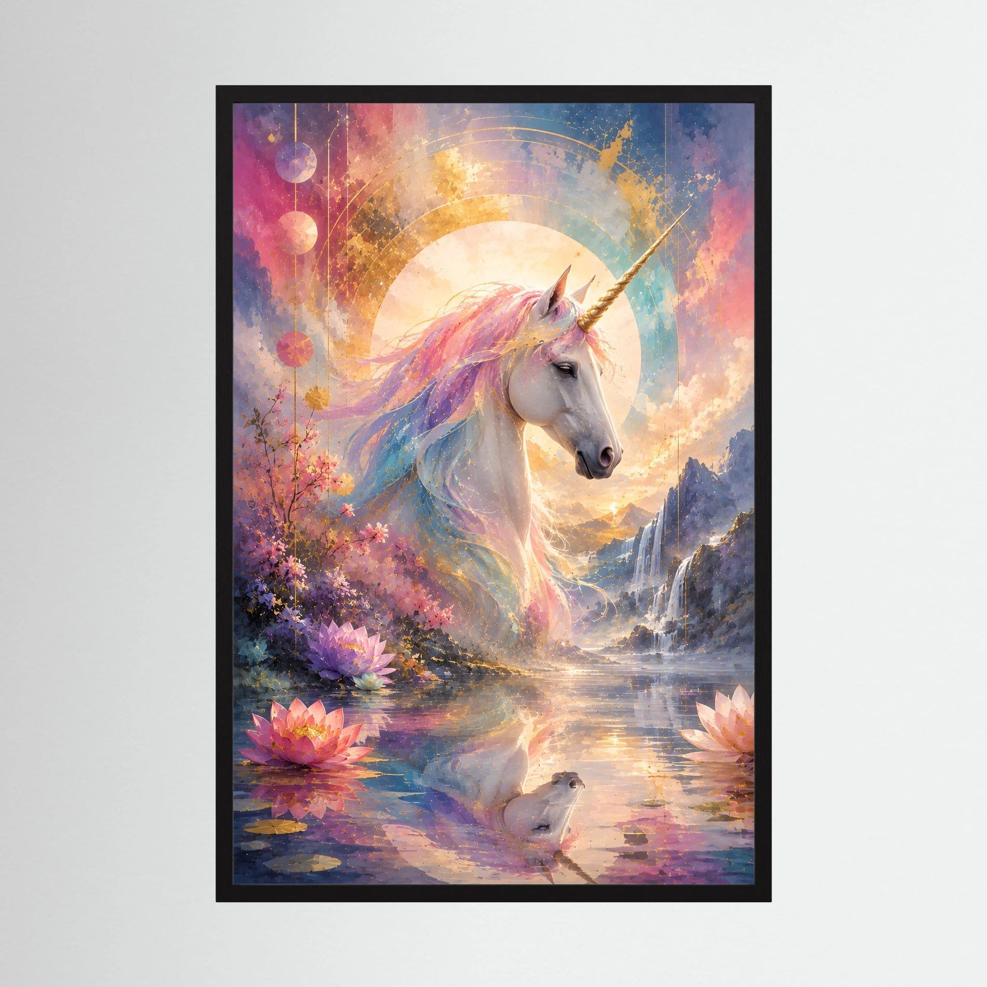 Gerahmtes Fantasy-Poster mit Einhorn im Pastellmotiv und Lotusblüten, schwarzer Rahmen, Hochformat