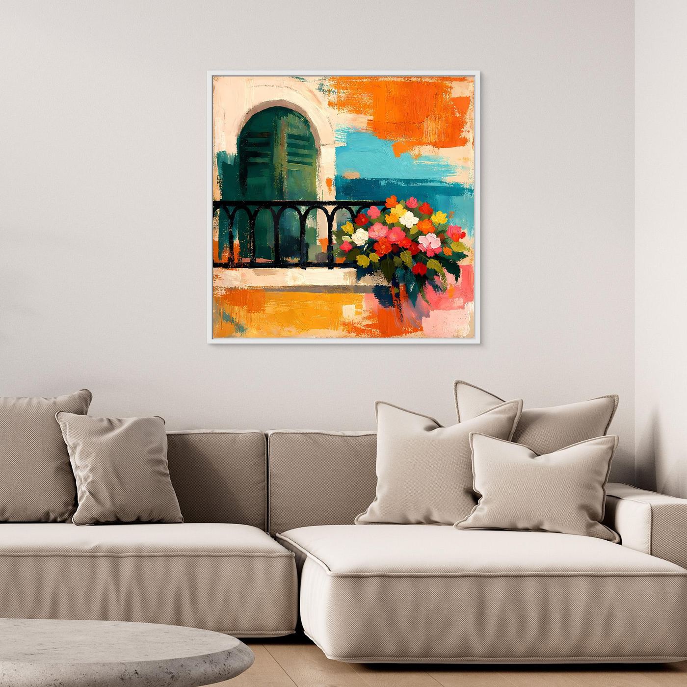 Abstract balcony wall art canvas with arched doorway and colorful flowers, in white frame.