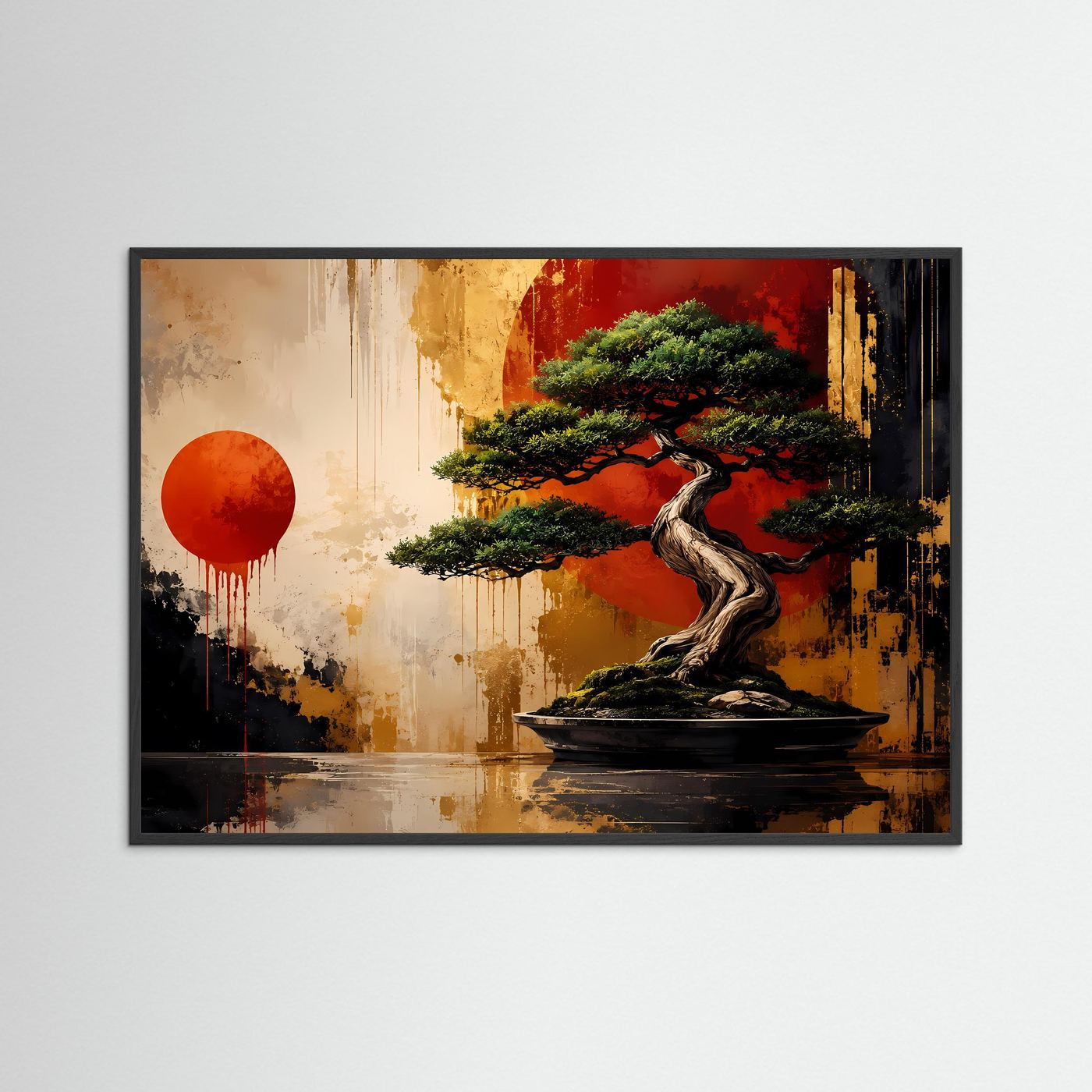 Japanischer Bonsai vor roter Sonne | Modernes Zen & Natur Poster im Querformat