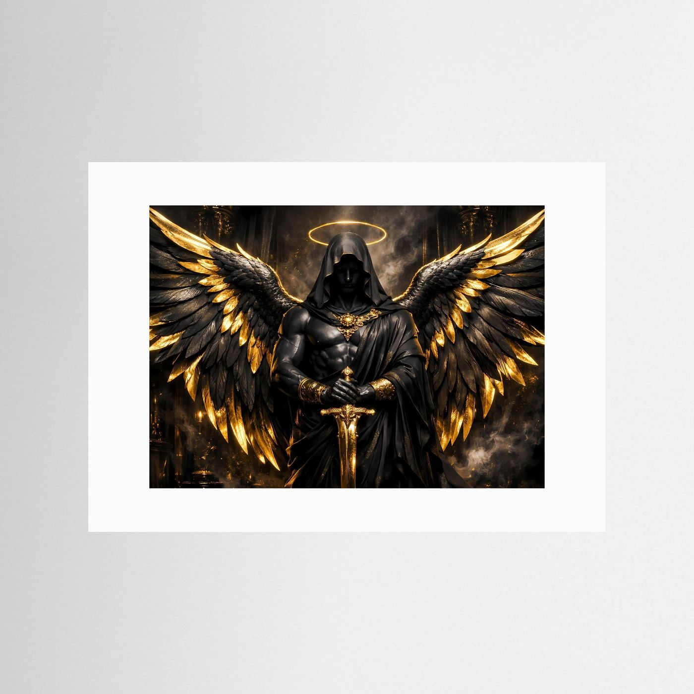 Dunkler Engel mit Goldflügeln & Schwert | Mystisches Wandbild Querformat