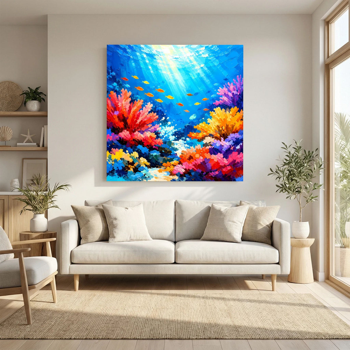 Quadratisches Leinwandbild mit abstrakten Korallen und Schwarm bunter Fische im blauen Wasser