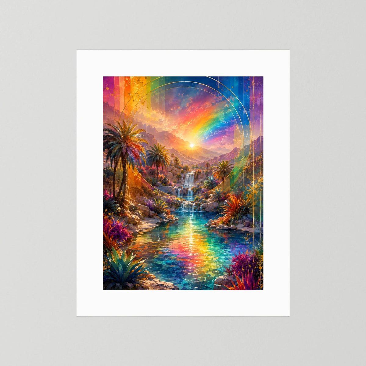 Hochformat-Poster mit Regenbogen, Palmen und Wasserfall, weiße Passepartout-Umrandung