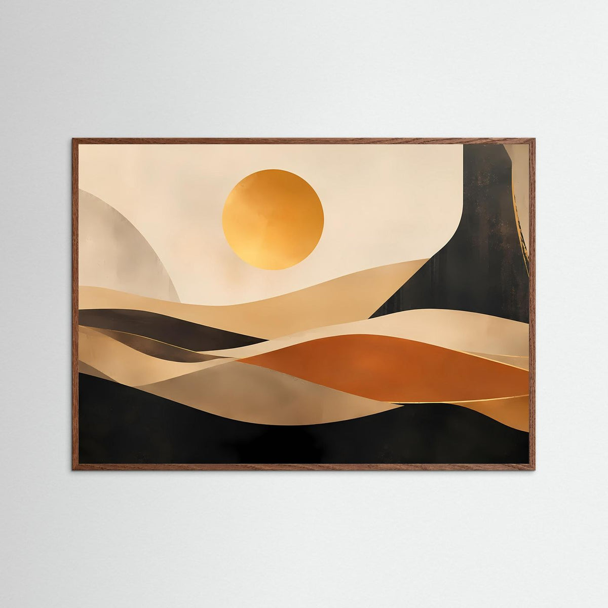 Abstraktes Wüstenlandschafts-Poster mit Sonne und Dünen in Beige, Schwarz und Terrakotta, brauner Rahmen