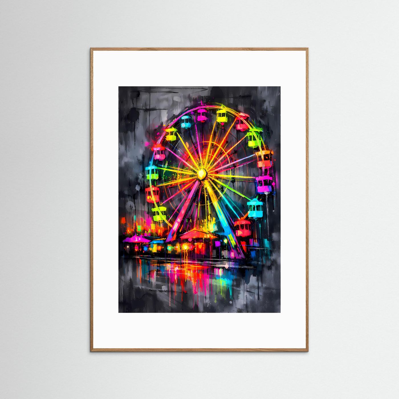The Neon Ferris Wheel | Luxuriöses Riesenrad Poster Bunt & Dunkel | Abstraktes Jahrmarkt Kunstposter Hochformat