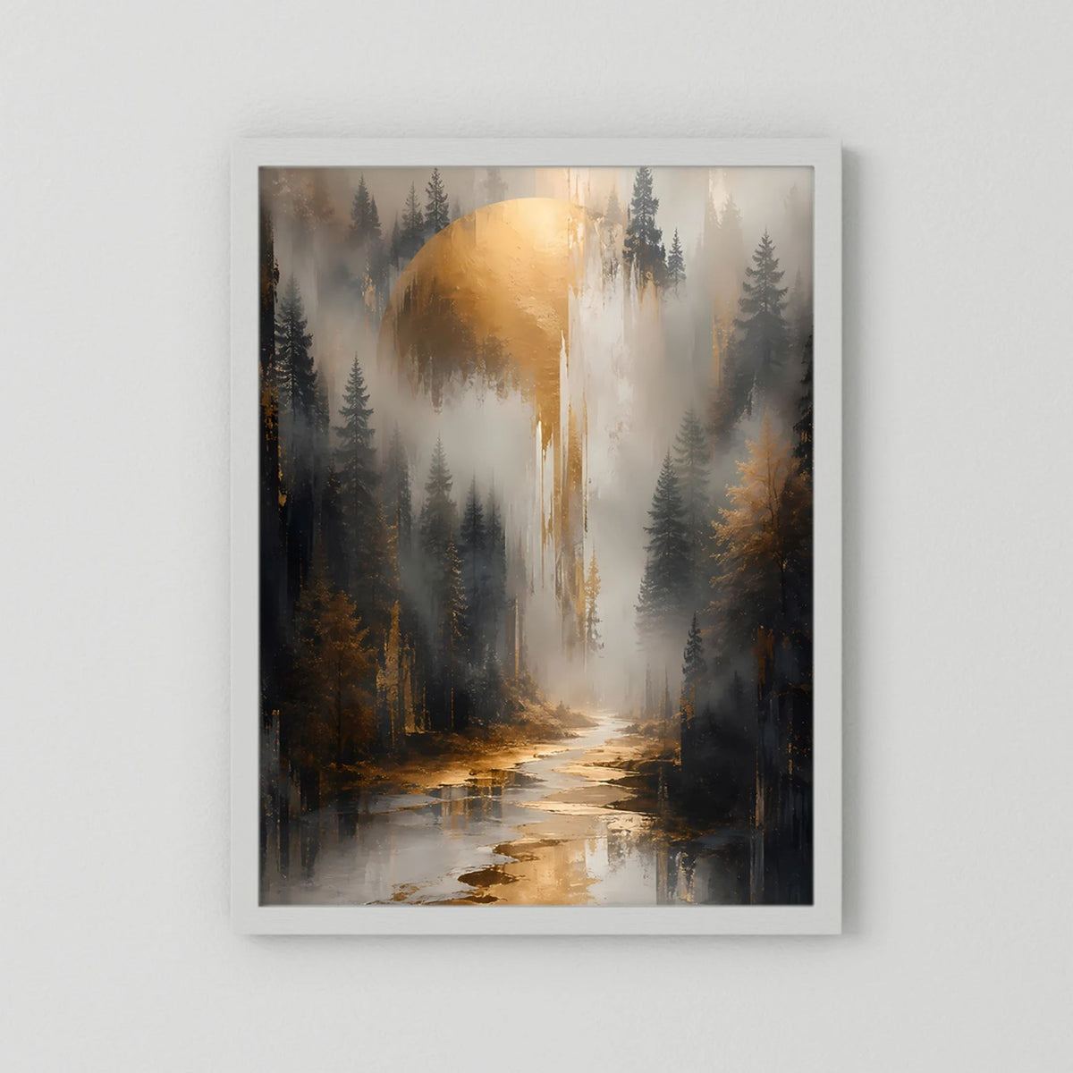 Hochformat-Poster im weißen Rahmen, dunkler Waldweg mit goldenem Licht und Nebel