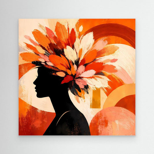Leinwandbild mit schwarzer Frauensilhouette und Blumen in Orange- und Weißtönen