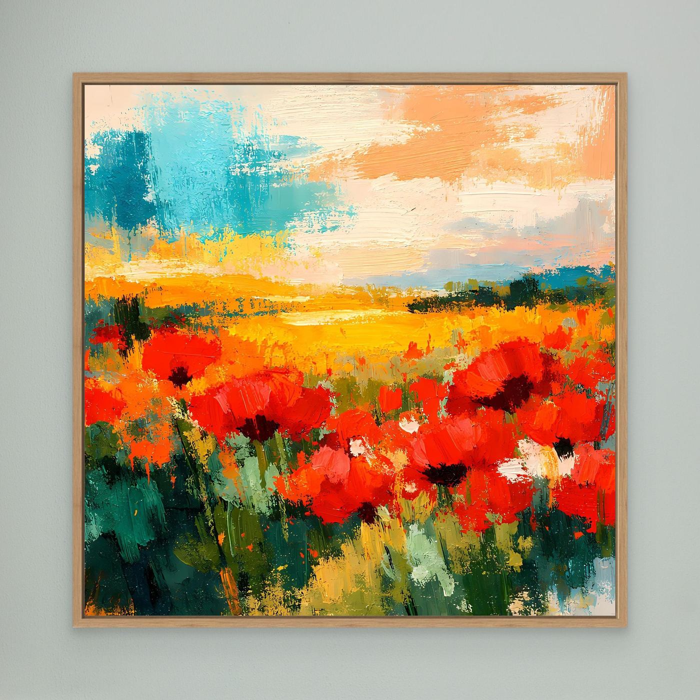 Abstract poppy field canvas wall art with oak frame and red blooms over sunset