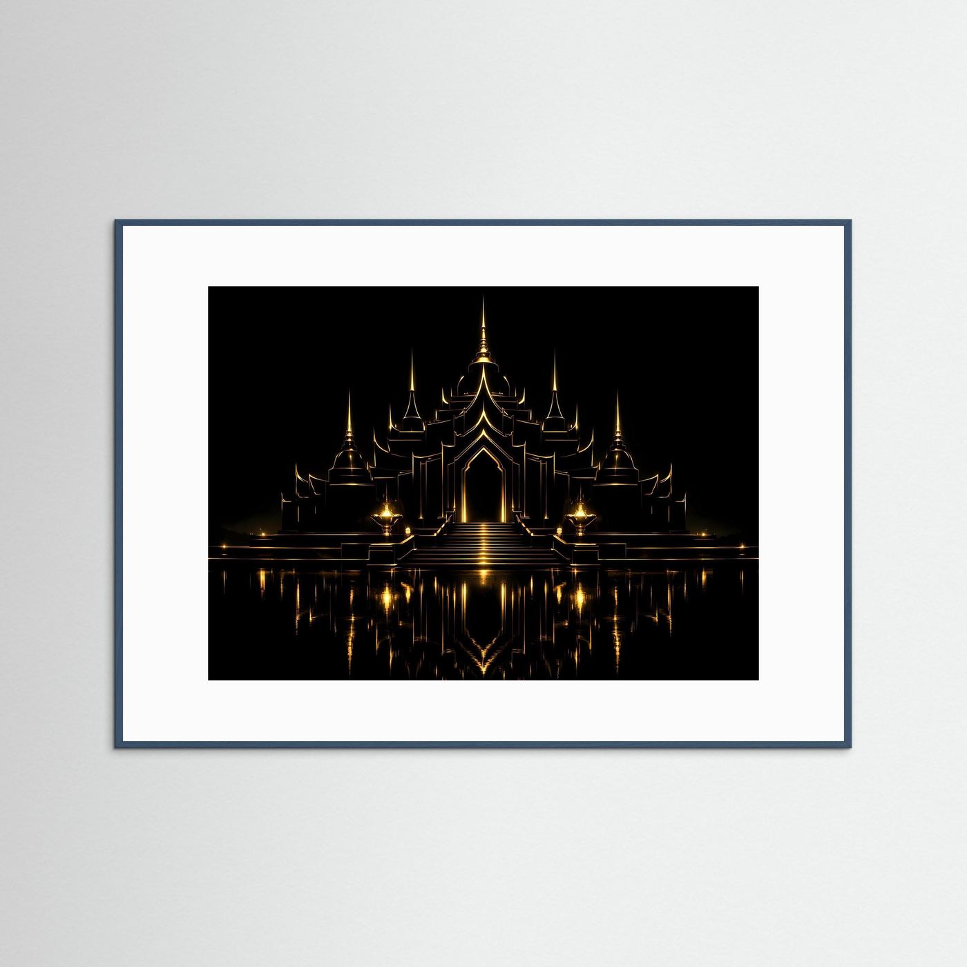 Wandbild mit goldenem Tempel bei Nacht, heller Rahmen (weiß) mit schwarzem Innenfeld.