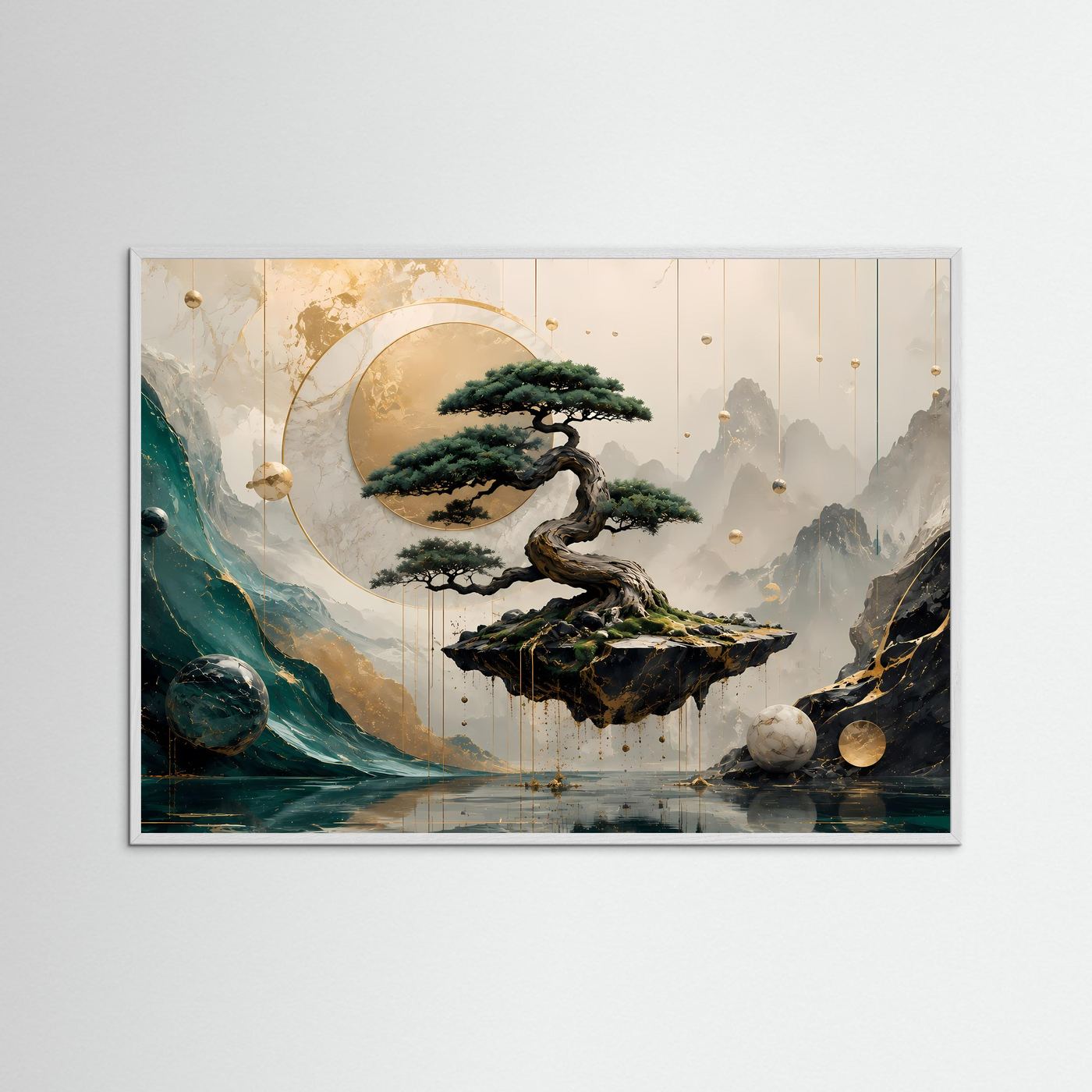 Mystischer Bonsai in Berglandschaft | Abstrakte Zen-Kunst in Gold & Petrol