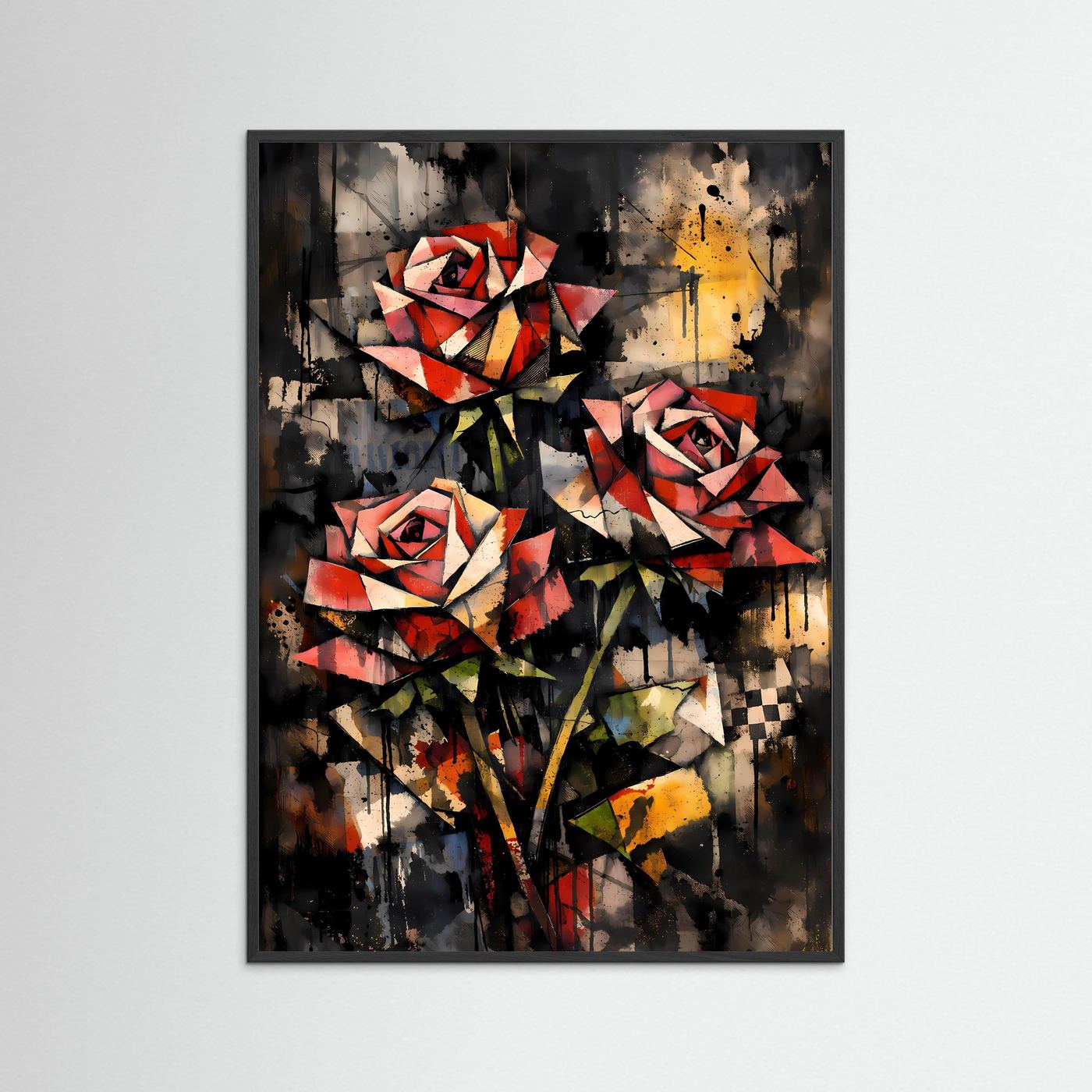 Geometrische Eleganz | Rote Rosen Poster im kubistischen & abstrakten Kunststil | Kunstposter Hochformat