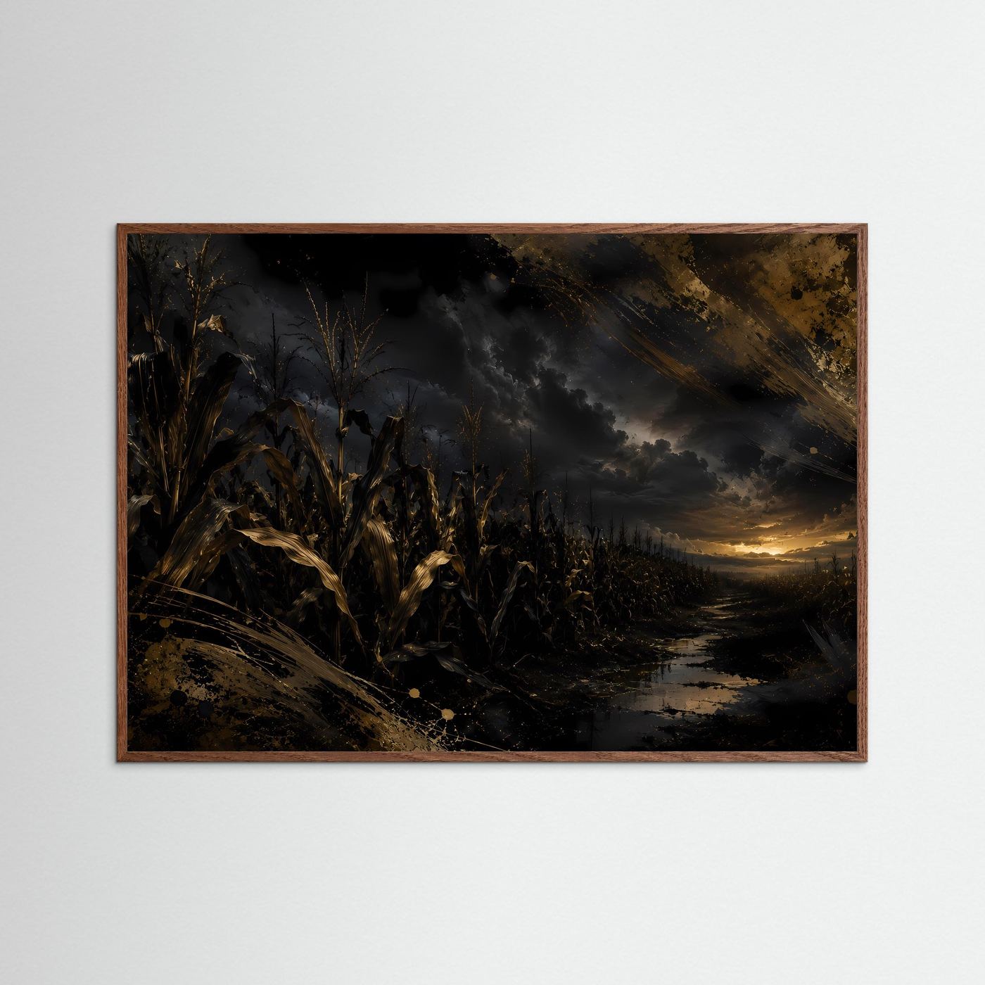 Dunkles Maisfeld bei Sonnenuntergang | Mystische Landschaft in Schwarz & Gold