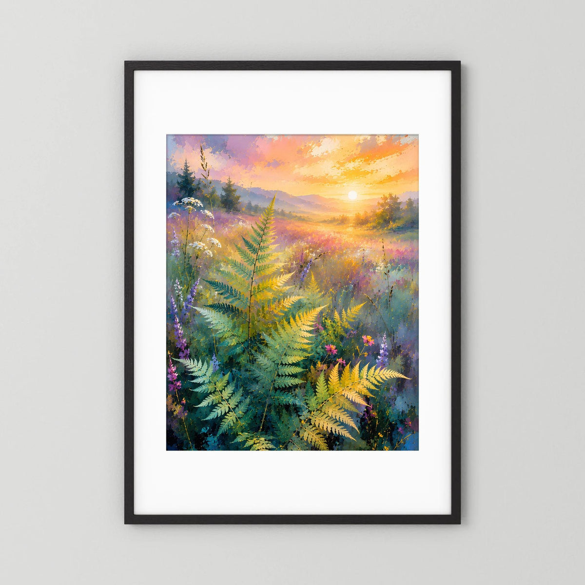 Poster im Hochformat mit abstrakten Farnblättern in Pastellfarben und Sonnenaufgang, schwarzer Rahmen