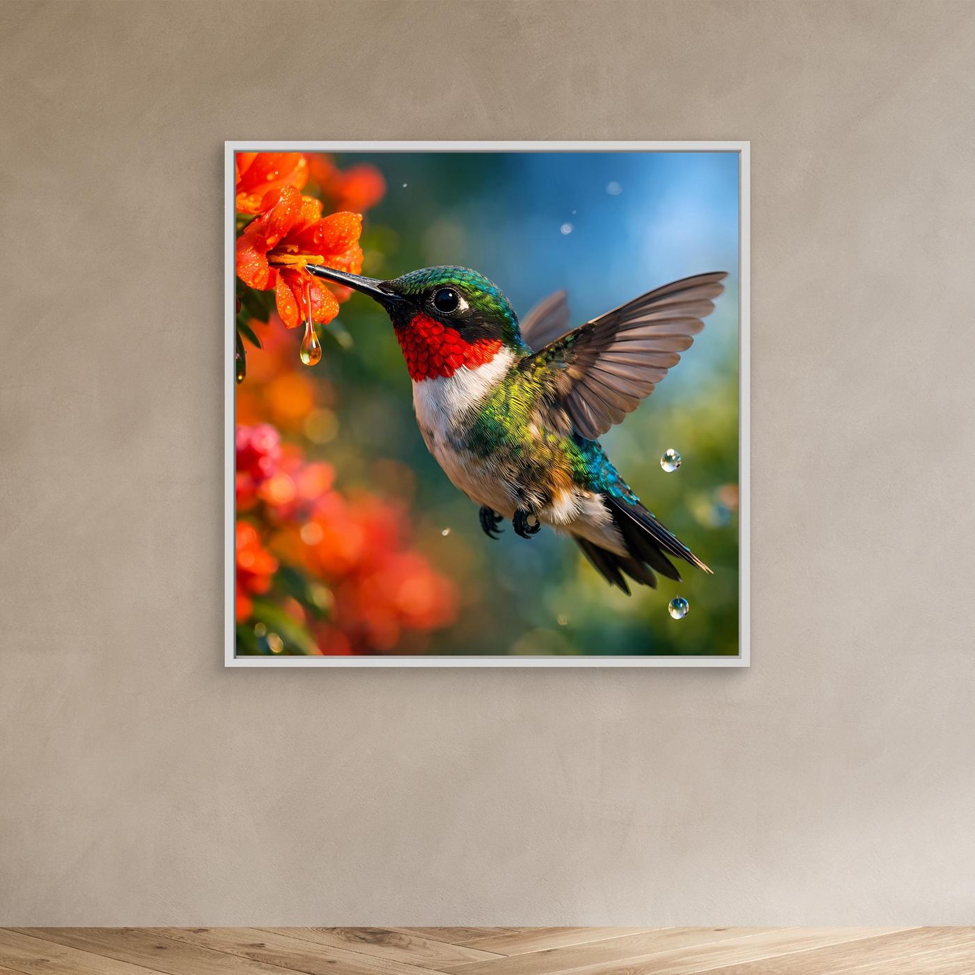 Leinwand Kolibri im Blütenrausch | Farbenfrohes Vogel Natur Wandbild