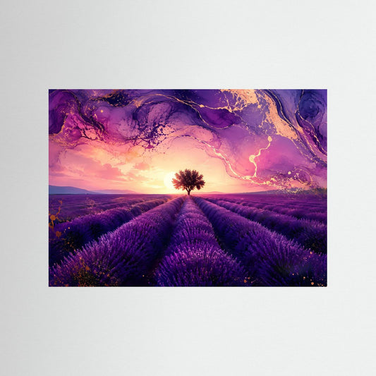 Lavendel-Landschaftsposter mit lila Feld, einzelner Baum-Silhouette und violettem Himmel
