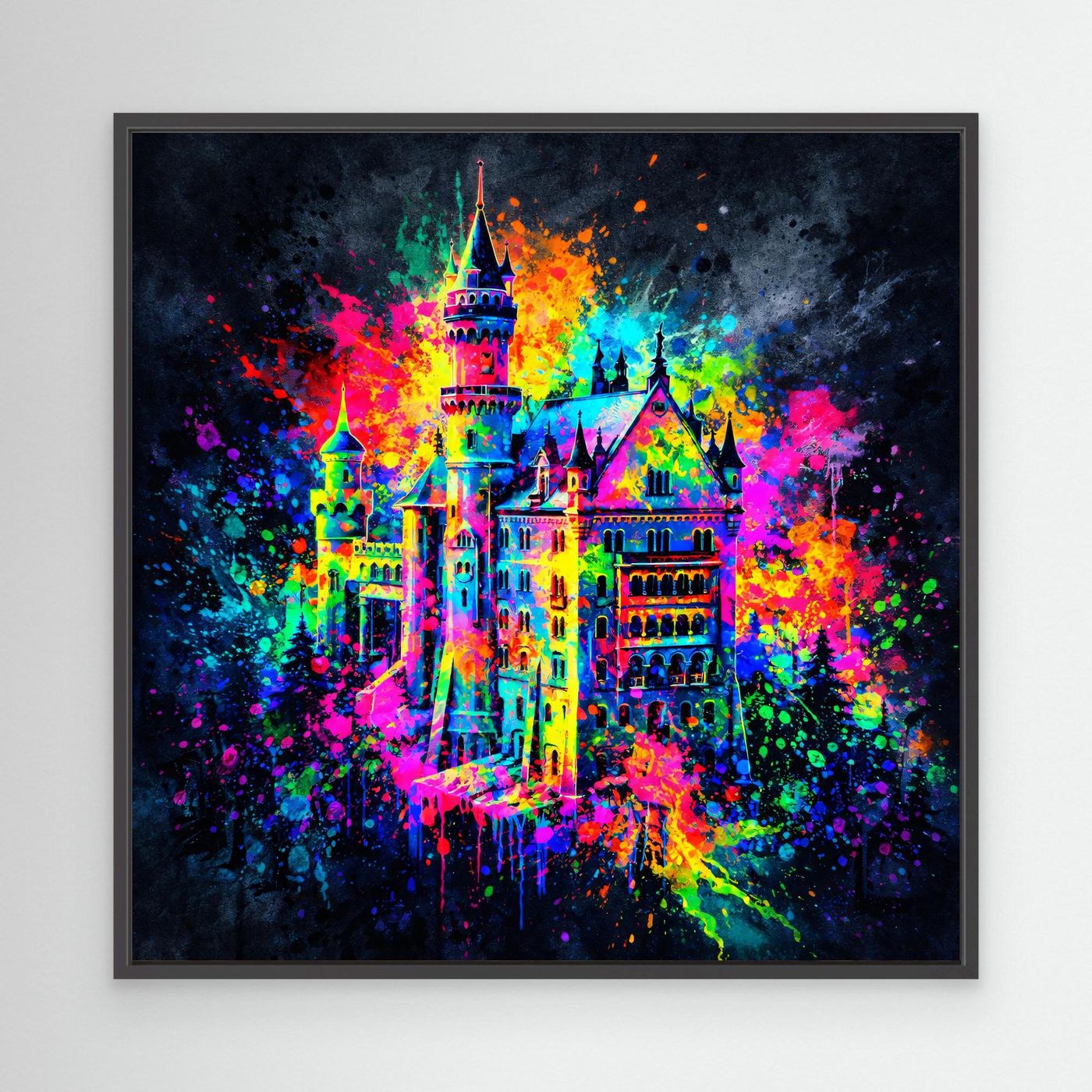 Leinwandbild mit bunter Graffiti-Schlossillustration, schwarzer Rahmen