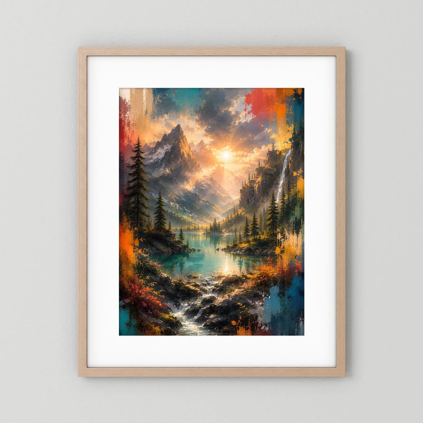 Hochformat-Wandbild mit hellem Holzrahmen und weißem Passepartout, Berglandschaft