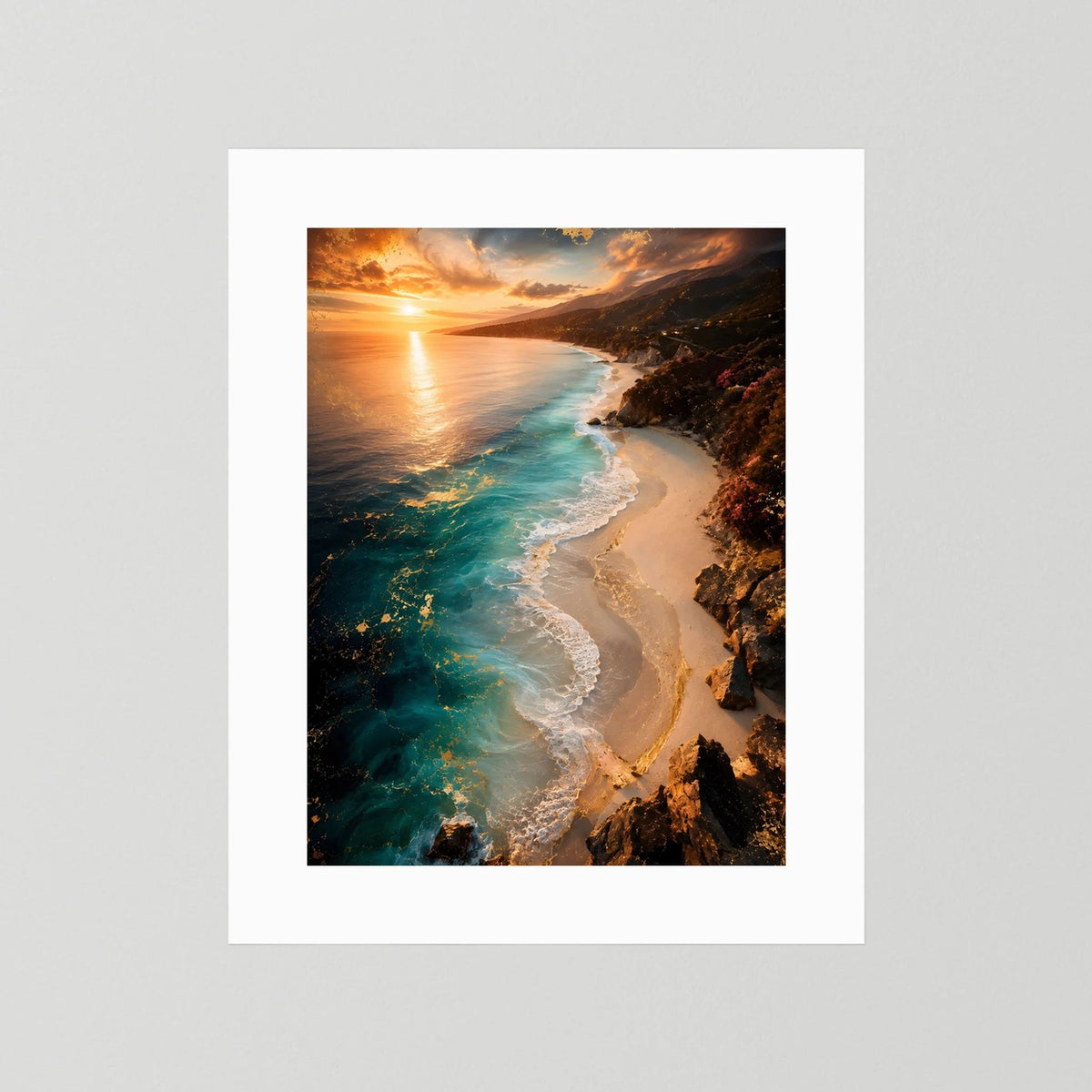 Hochformatiges Landschaftsposter mit Strand und Felsküste, türkisblaues Meer, nur weißer Rand.