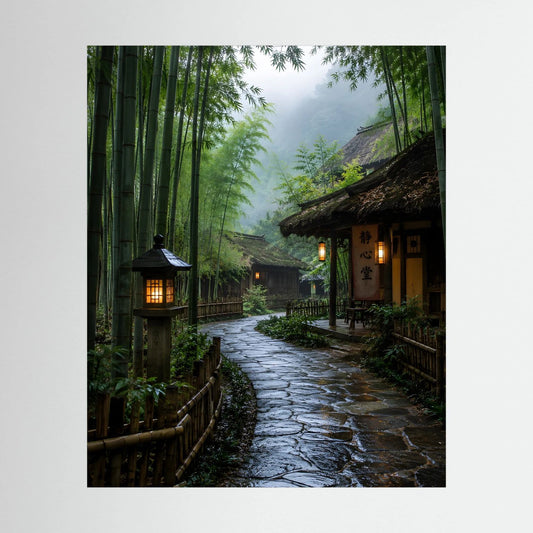 Hochformatiges Poster mit japanischem Zen-Weg durch Bambus und Laternen