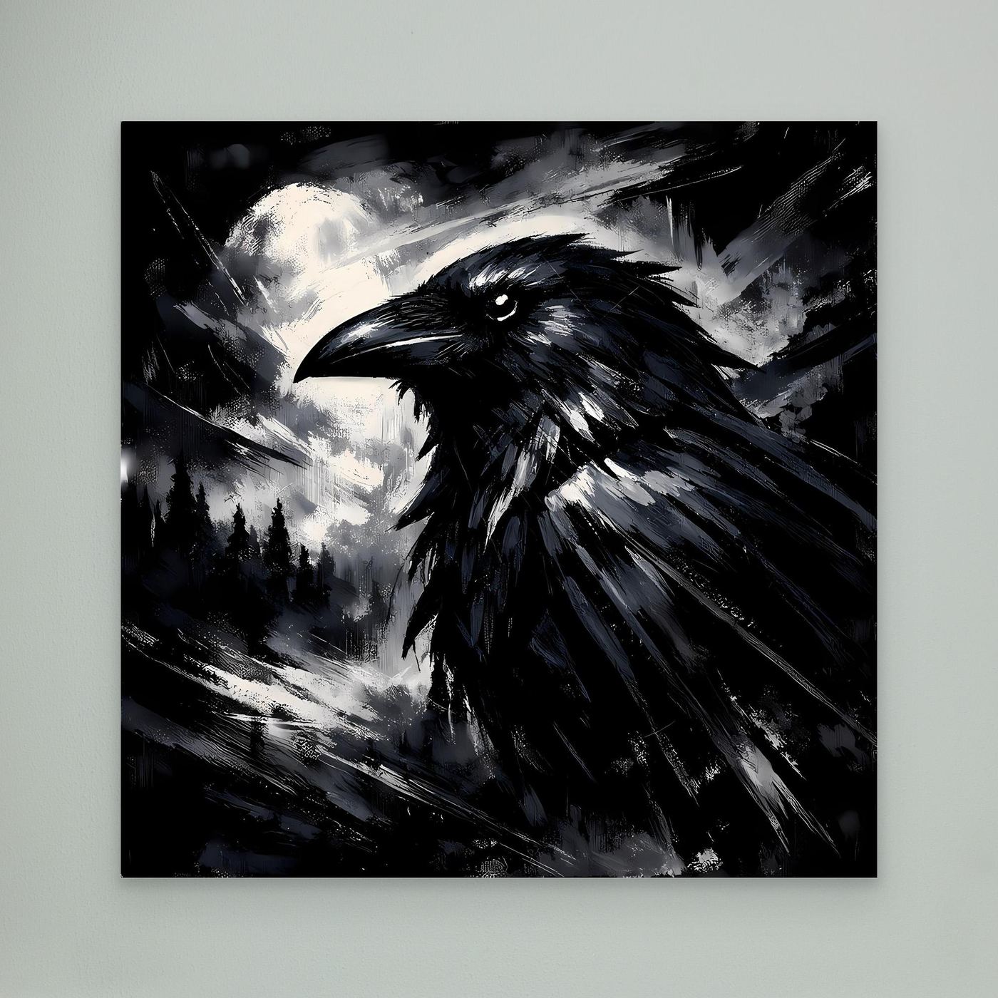 Abstraktes Leinwandbild mit schwarzem Raben, Vollmond-Look, ohne Rahmen