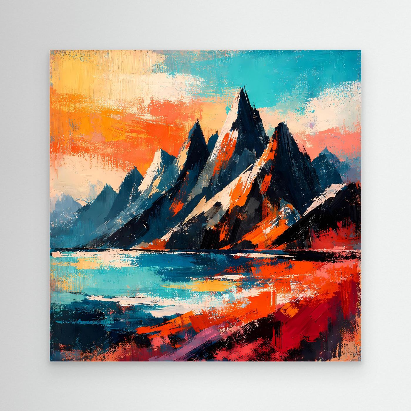Abstraktes Leinwand-Wandbild mit Bergen und leuchtendem Wasserfall, ohne Rahmen