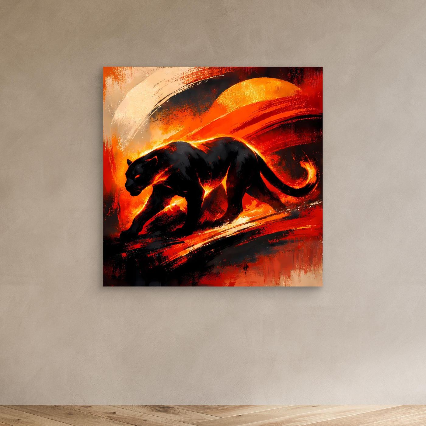 Leinwandbild mit schwarzem Panther in abstraktem Feuerrot, ungerahmt