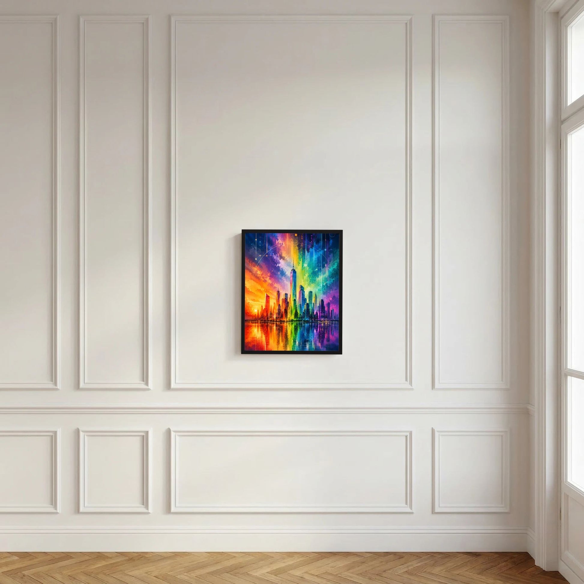 Gerahmtes Stadtposter mit Regenbogen-Skyline, farbige Konturen und Himmel im Abstraktstil