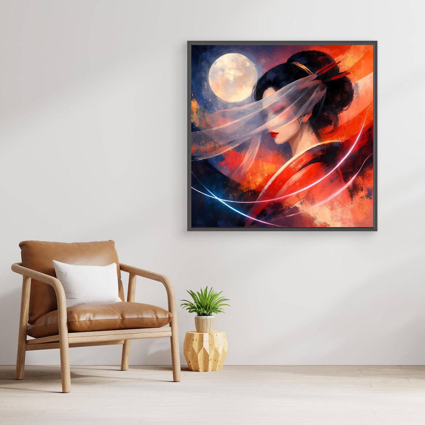 Leinwandbild mit Geisha-Porträt, abstrakt mit Mond, Kirschrot/Nachtblau, schwarzer Rahmen