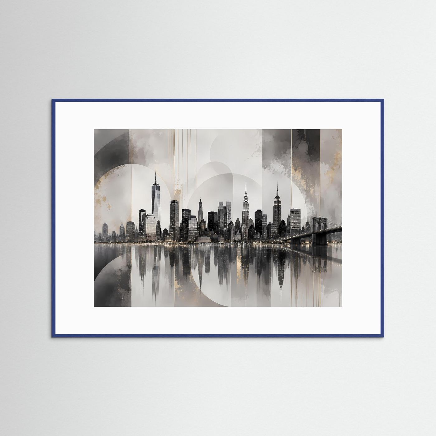 Poster im Querformat mit blauem Rahmen, Skyline und Brücke in Grau-Beige-Tönen