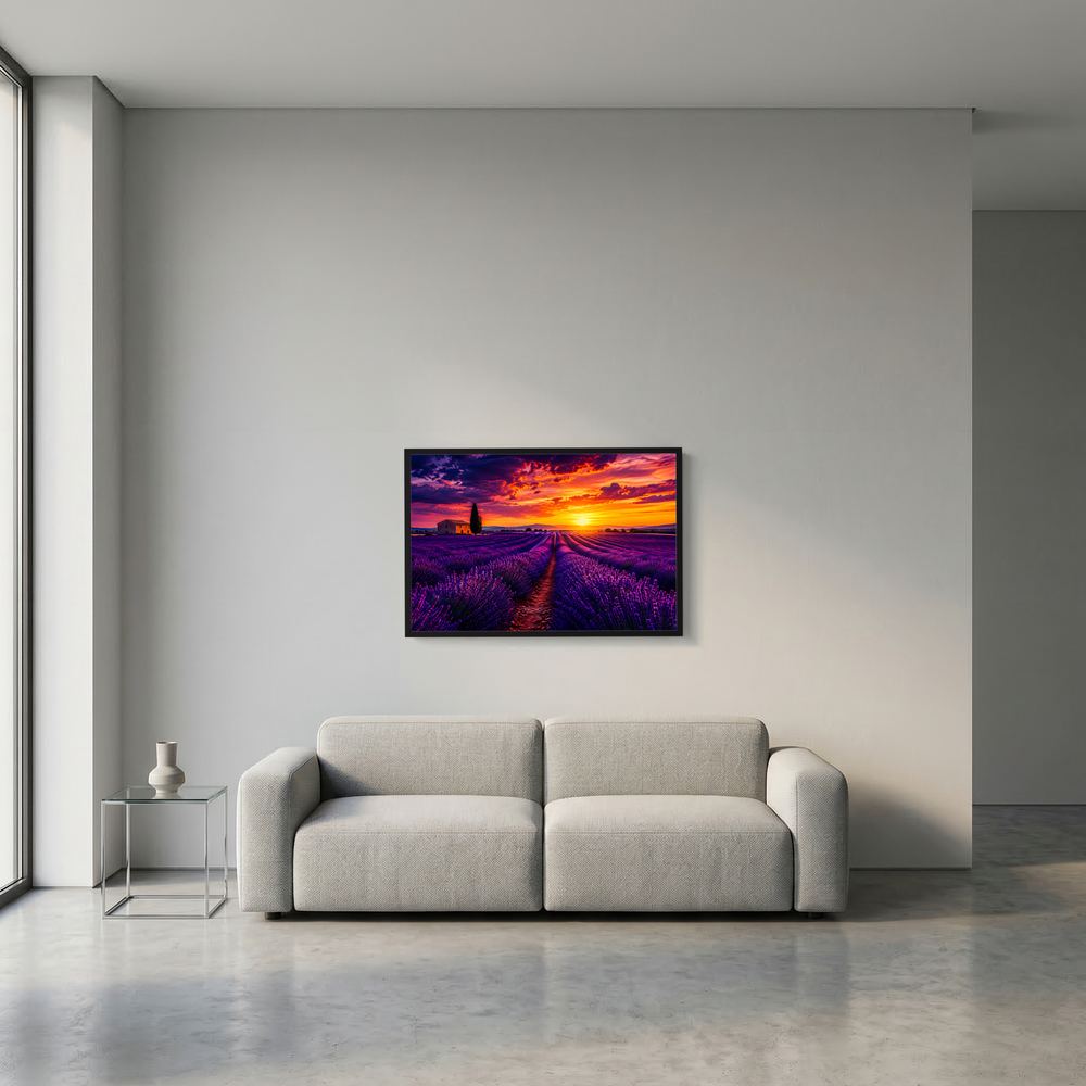 Kleines Poster im Querformat mit Lavendelfeld: lila Reihen, orangefarbener Himmel, schwarzer Rahmen