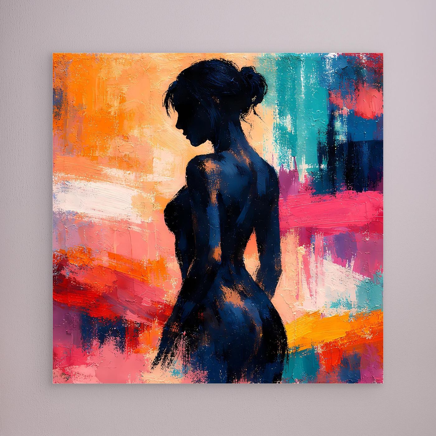 Leinwand-Wandbild mit abstrakter Frauen-Silhouette in dunklem Blau und bunten Farbflächen