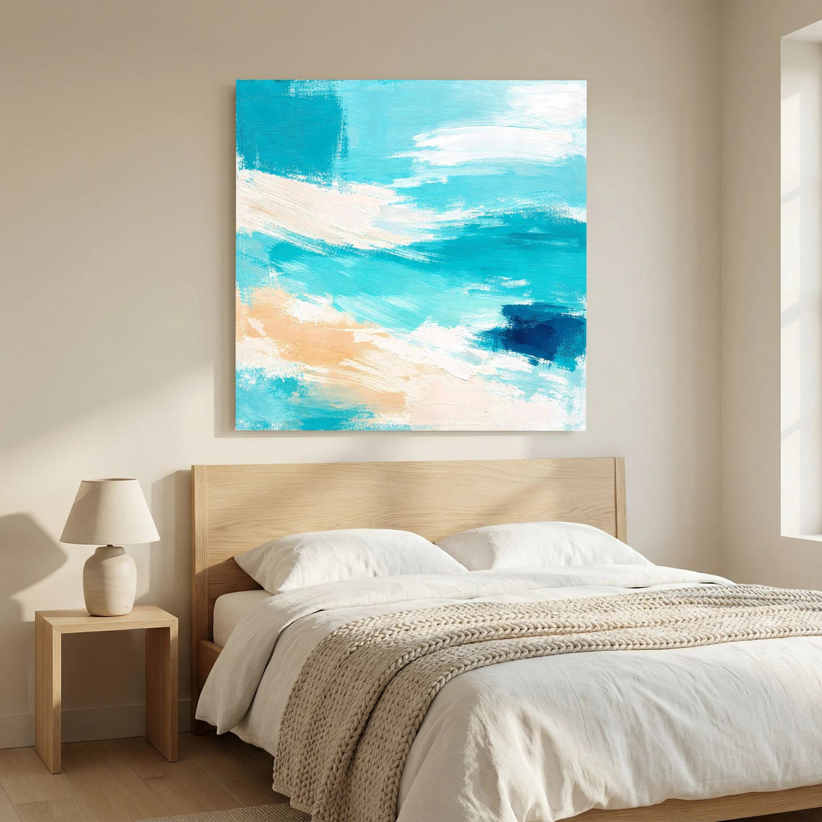 Quadratisches Leinwand-Wandbild: abstrakte Meereswellen in leuchtendem Türkis und kräftigem Blau.