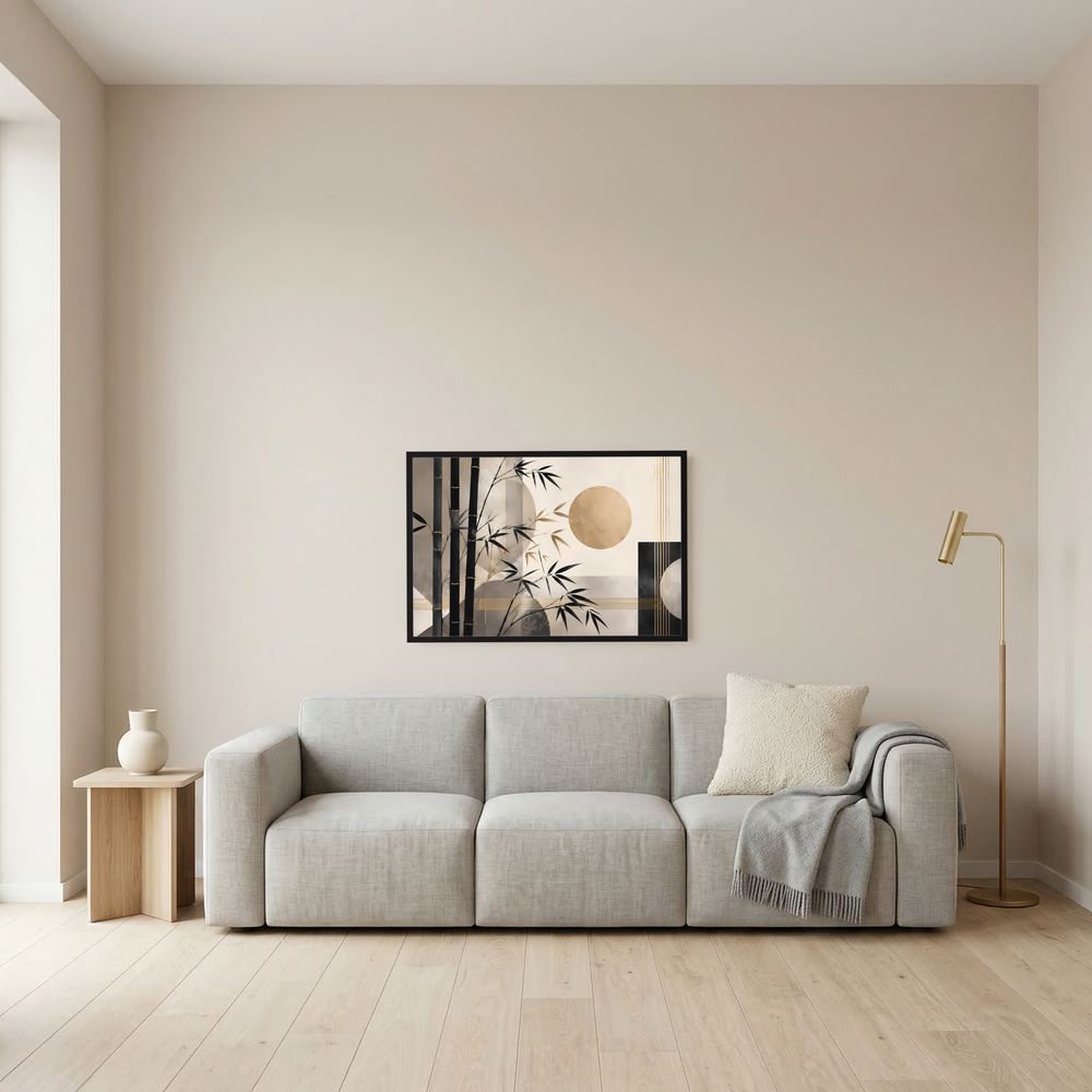 Wandposter im Querformat mit Bambusmotiv, goldenem Kreis und schwarzem Rahmen
