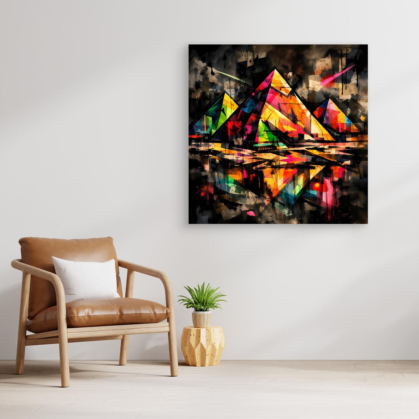 Leinwandbild mit abstrakten Pyramiden im Street-Art-Stil, leuchtende Farben