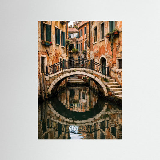 Poster mit venezianischer Steinbrücke über Kanal, Wasserspiegelung und Altstadtgebäuden