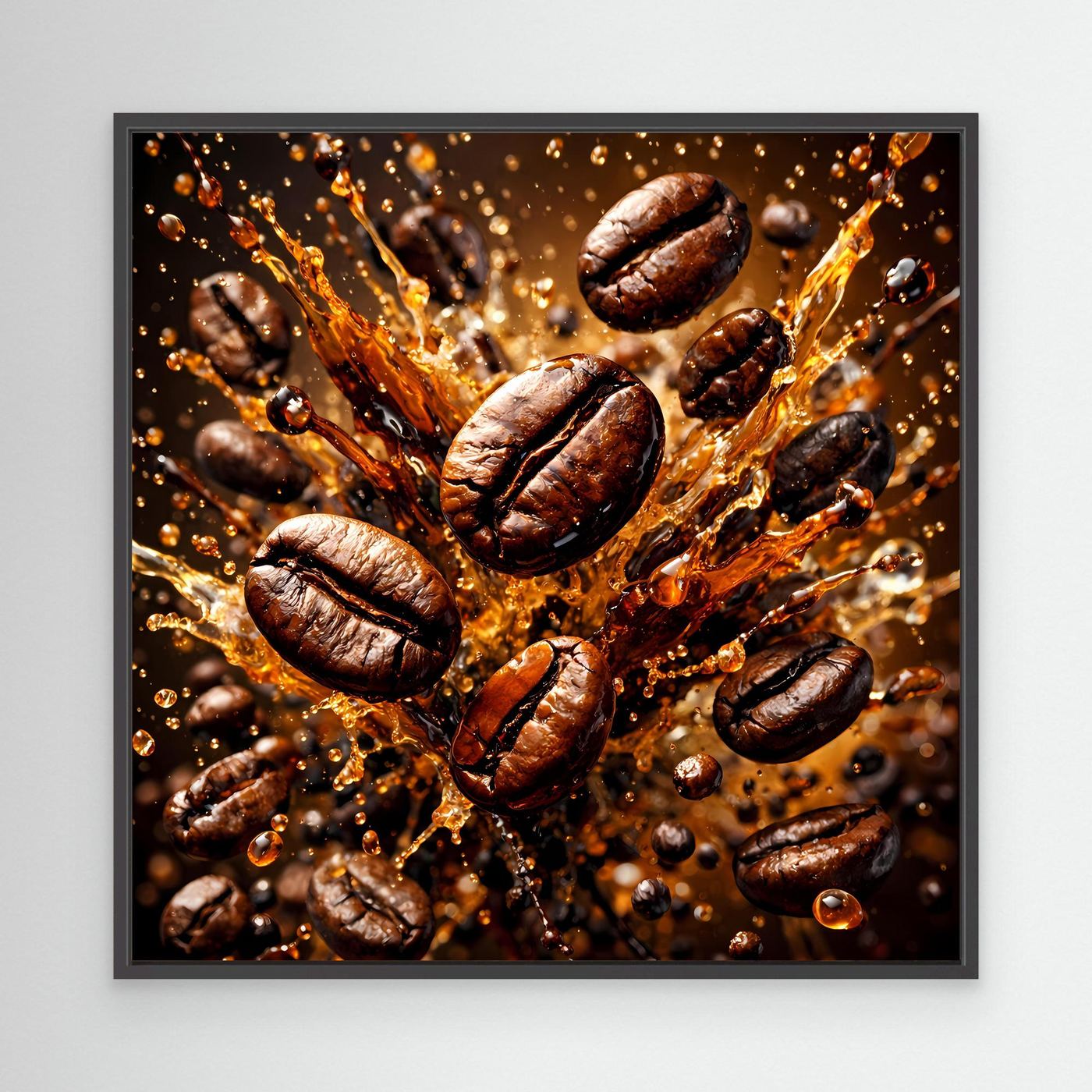 Leinwandbild mit Kaffeebohnen-Splash im schwarzen Rahmen, braun-goldenes Spritzmotiv