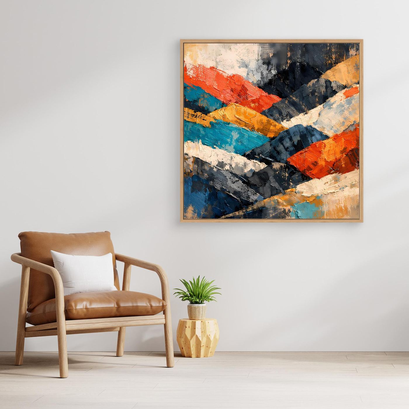 Abstraktes Leinwand-Wandbild mit Gebirgsmotiv, bunte Farb- und Pinselstreifen, mit Holzrahmen