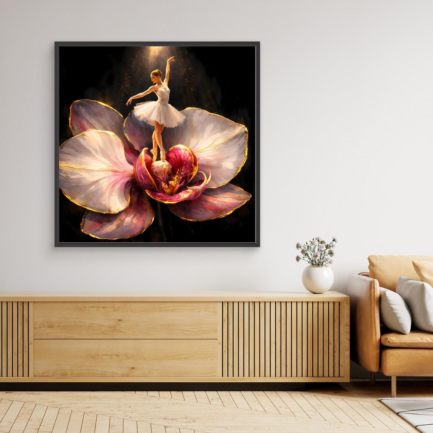Premium Leinwand Elegante Ballerina auf Orchidee | Abstraktes Ballett Wandbild mit Goldakzenten