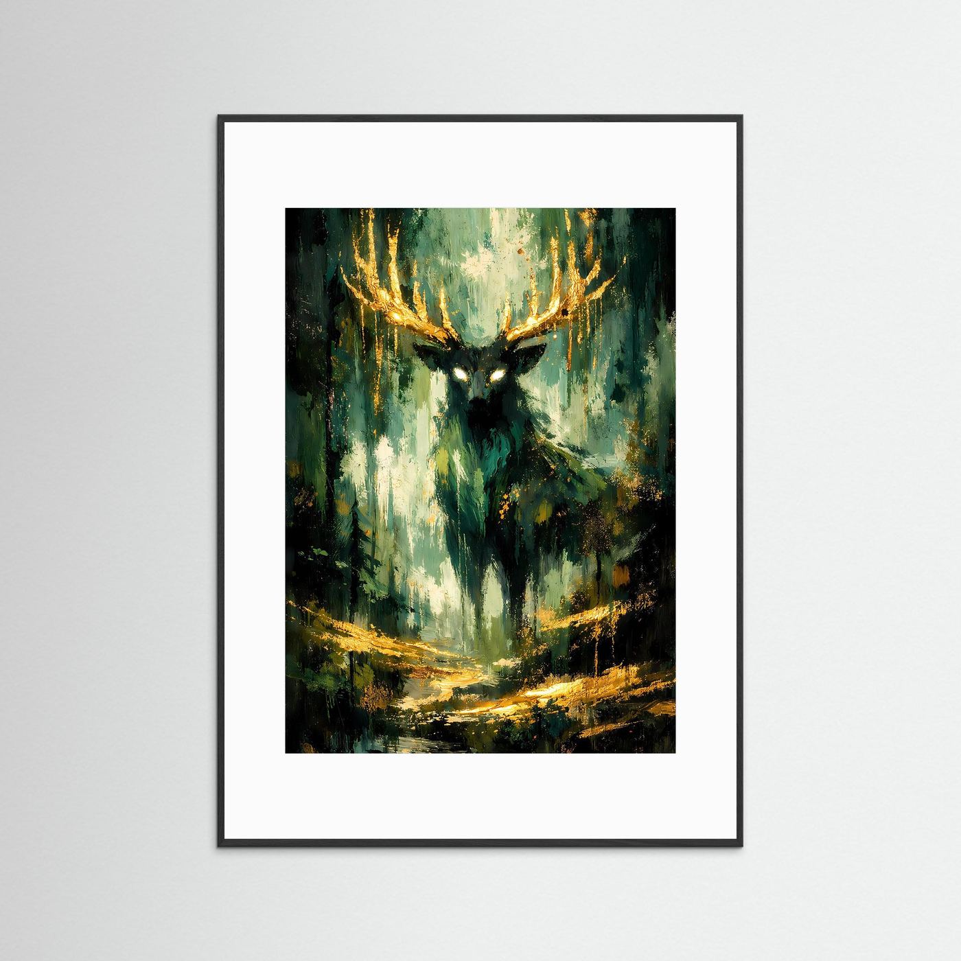 Hirschkunstposter im Hochformat mit schwarzem Rahmen und weißem Rand; grüner Hirsch, goldfarbene Highlights.