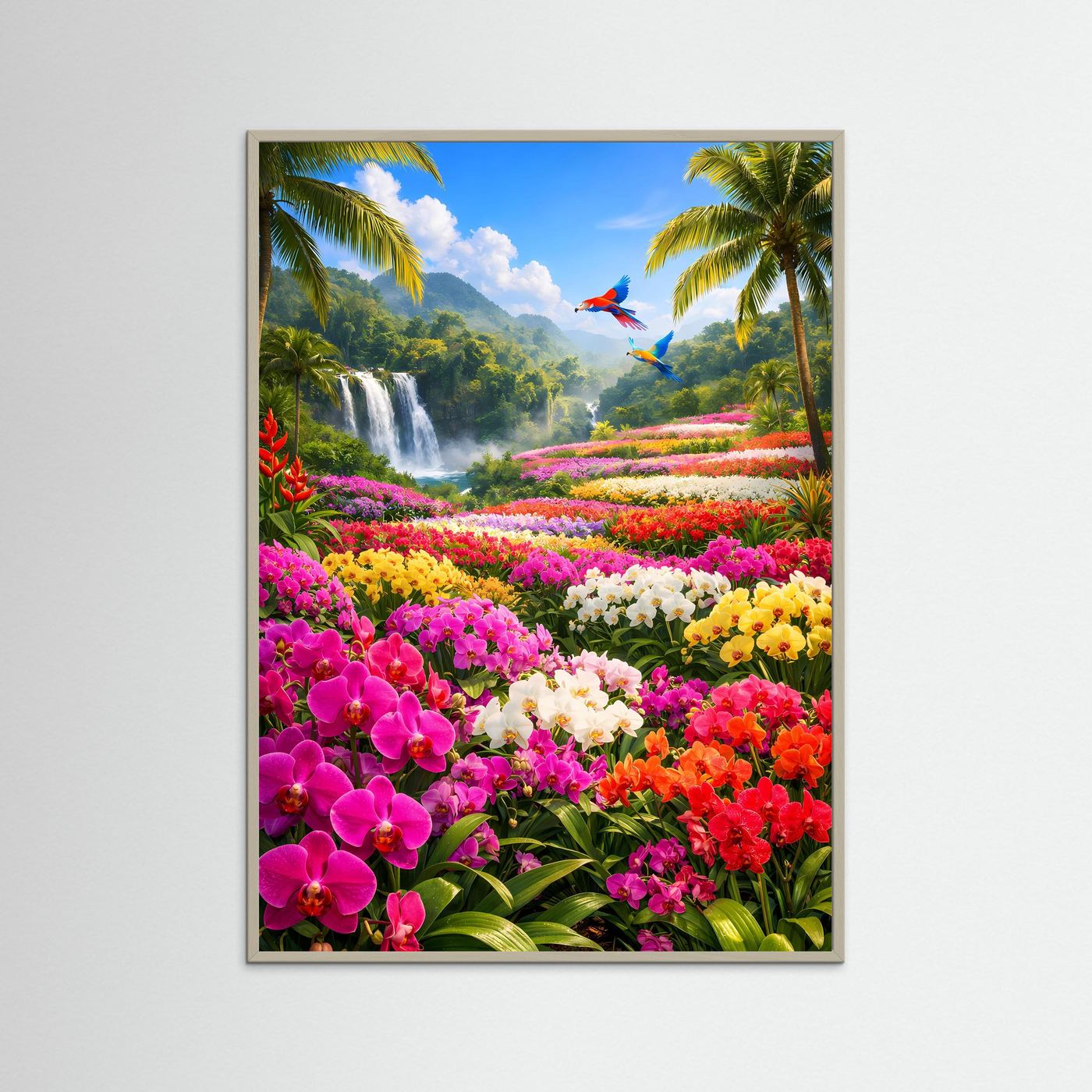 Wandbild im Hochformat mit bunten Orchideen, Palmen, Wasserfall und zwei bunten Vögeln