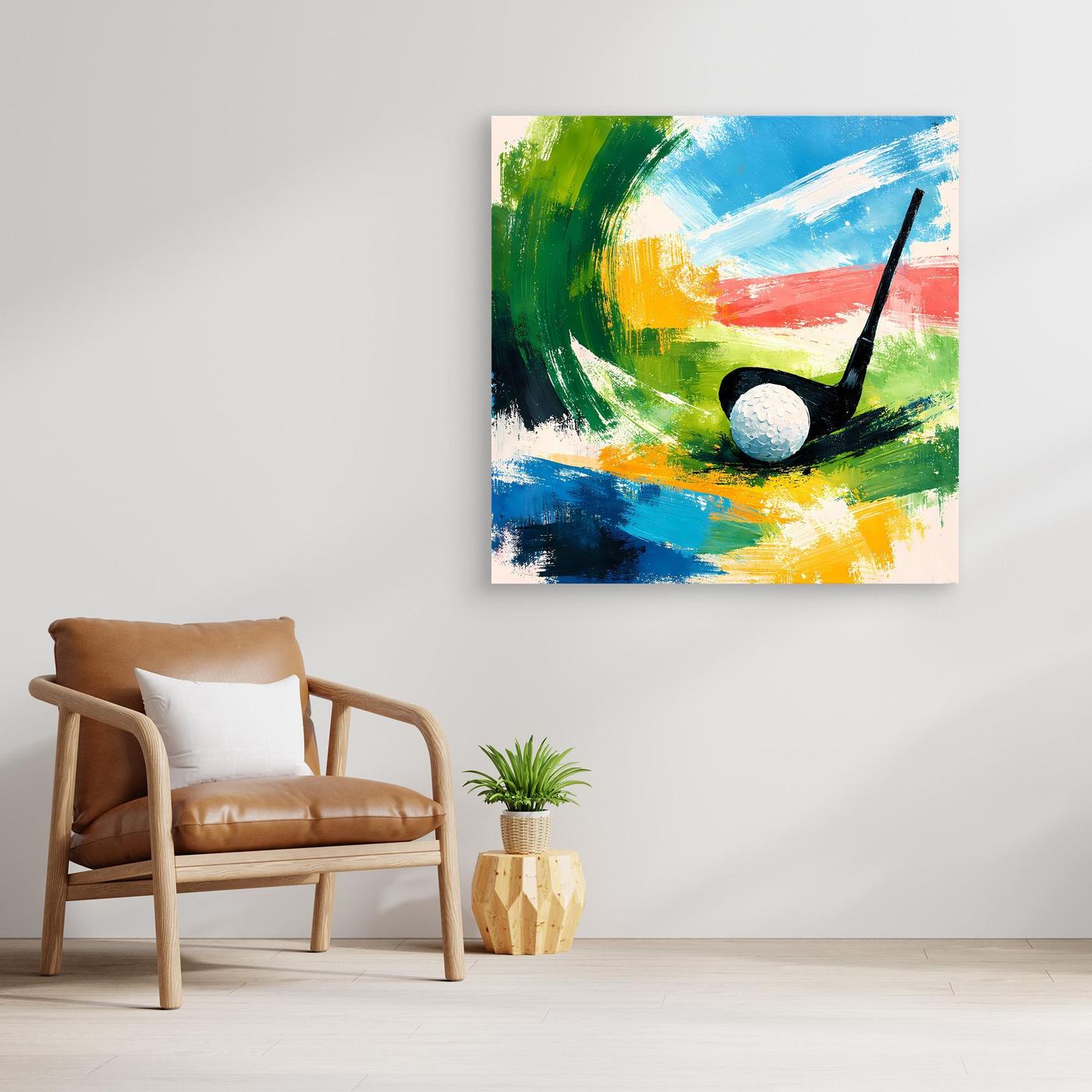 Abstraktes Leinwand-Wandbild mit Golfmotiv: schwarzer Schläger und grauer Ball, bunte Pinselstriche ohne Rahmen