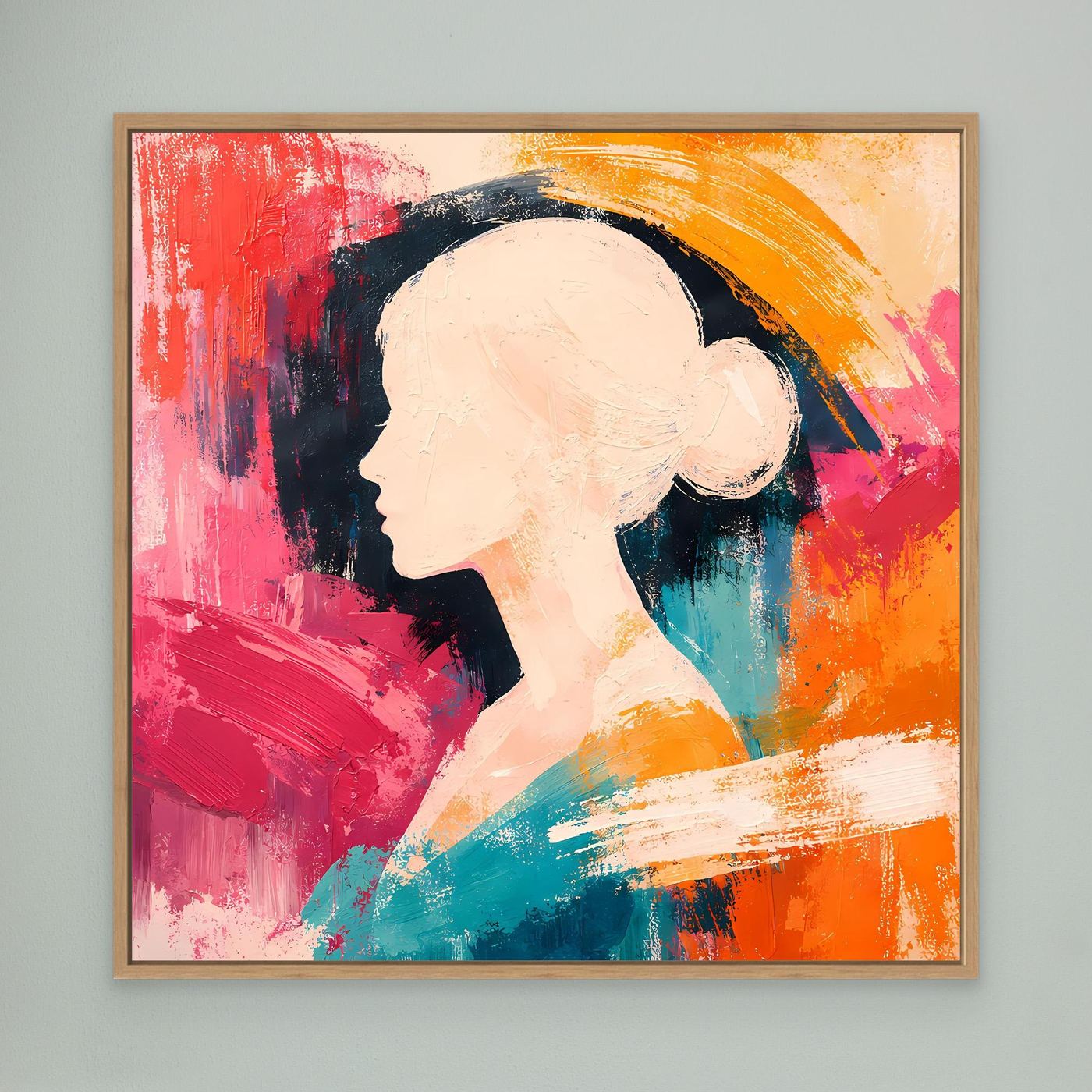 Abstract women portrait canvas with colorful silhouette and hat-shaped hair, oak wood frame