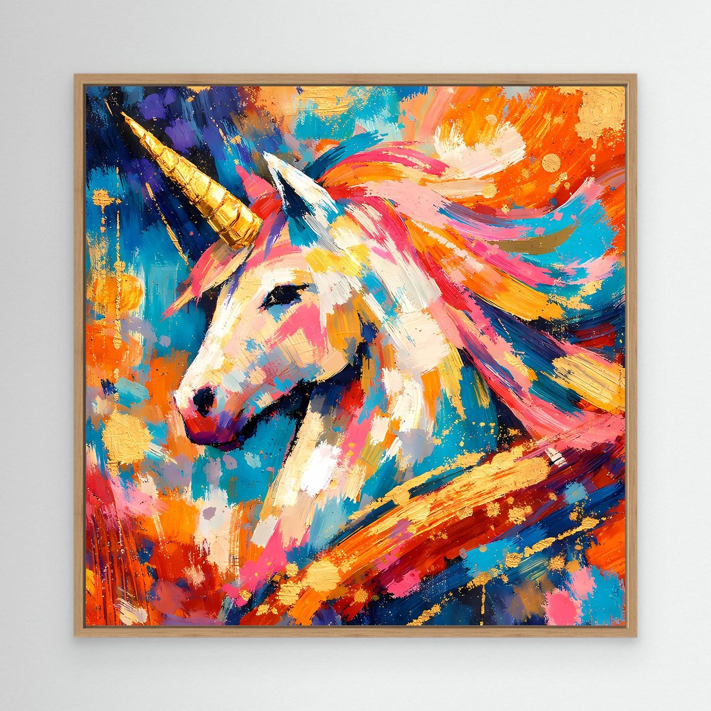 Leinwandbild mit abstraktem Einhorn, goldenes Horn, bunte Pinselstriche, Eichenrahmen