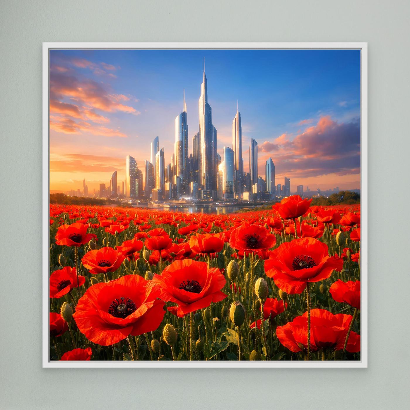Leinwandbild mit rotem Mohnfeld und futuristischer Skyline im weißen Rahmen