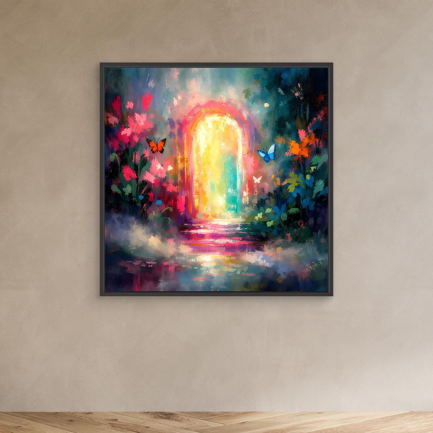 Abstraktes Wandbild mit dunklem Rahmen: leuchtendes Tor, bunte Blüten und Schmetterlinge