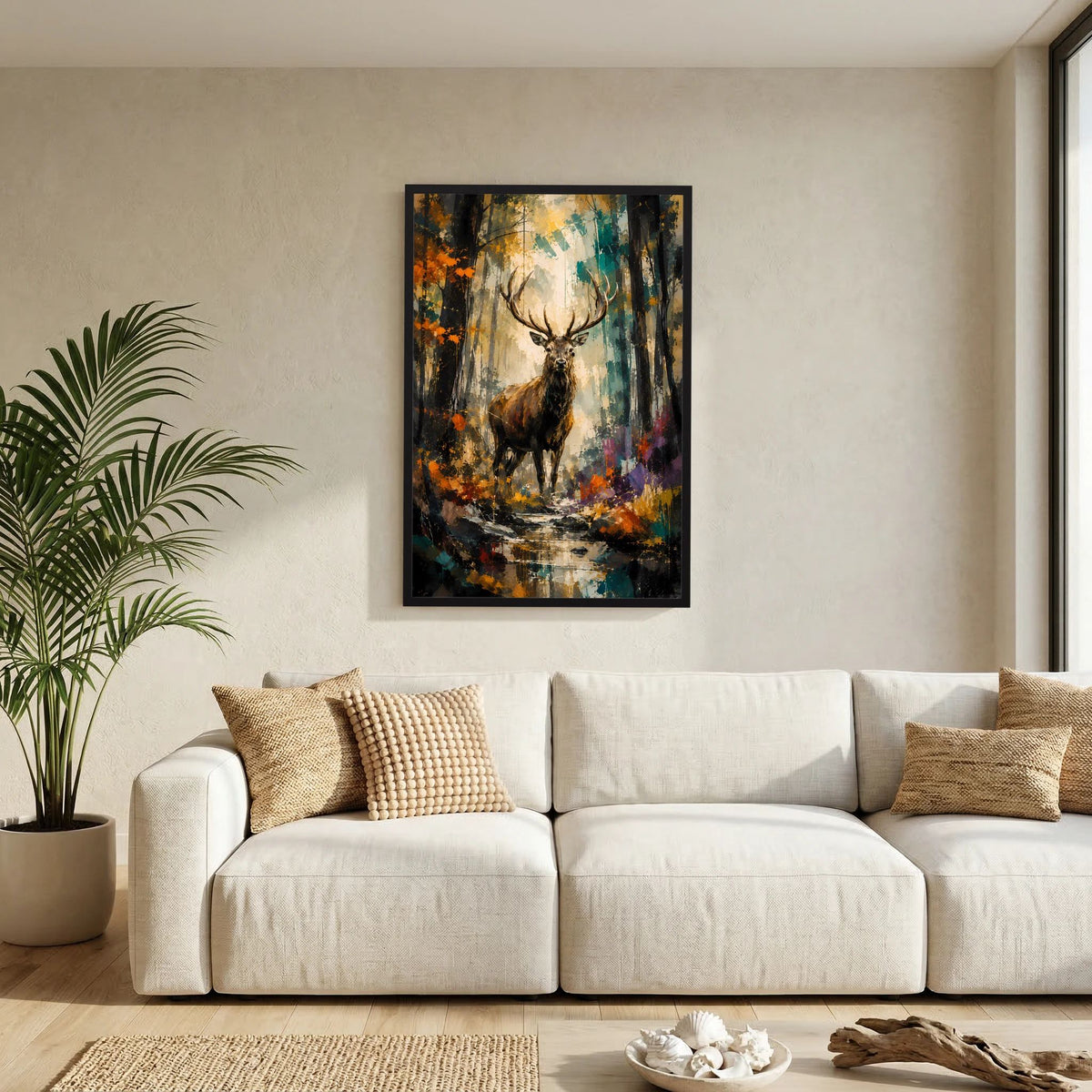 Majestätischer Hirsch | Abstrakte Waldkunst in Gold und Türkis | Poster Hochformat